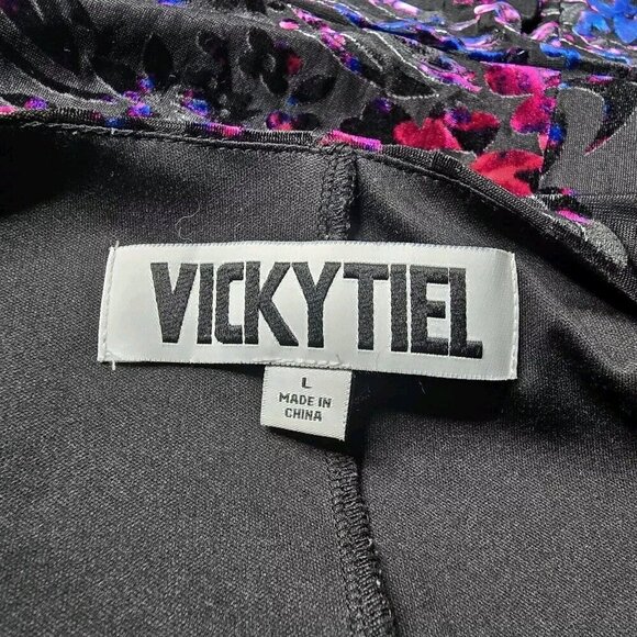 Vicky Tiel Velvet Black Blue Pink Short Sleeve Wrap Effect Dress Size L - Picture 6 of 11